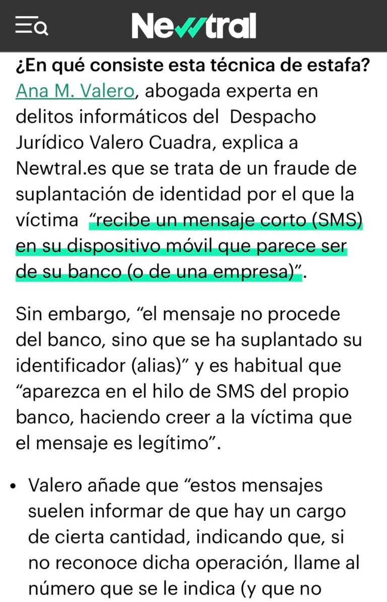 SMS spoofing y fraude por SMS explicado por la abogada Ana M. Valero